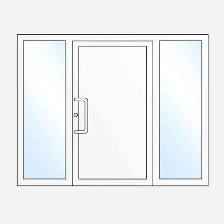 Puerta de entrada moderna con cristaleras a ambos lados que amplían el acceso visual