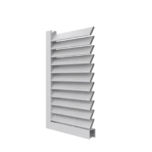 Celosía fija D-5 de aluminio extrusionado instalada en fachada, ideal para ocultar imperfecciones y facilitar el montaje en obra