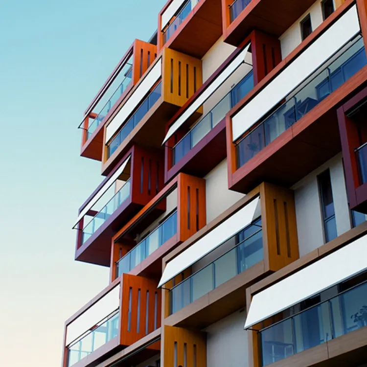 Toldos estor blancos instalados en balcones de edificio moderno con detalles en madera y crista