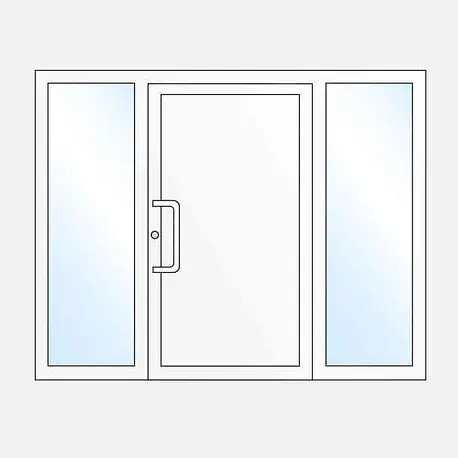 Puerta de entrada moderna con cristaleras a ambos lados que amplían el acceso visual