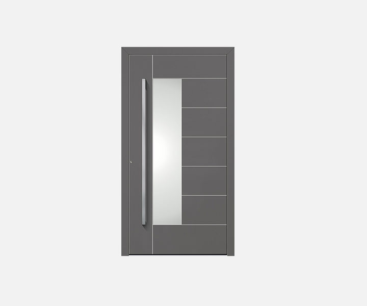 Panel de puerta Metris con diseño estructurado, acabado en tono gris oscuro y geometría vertical
