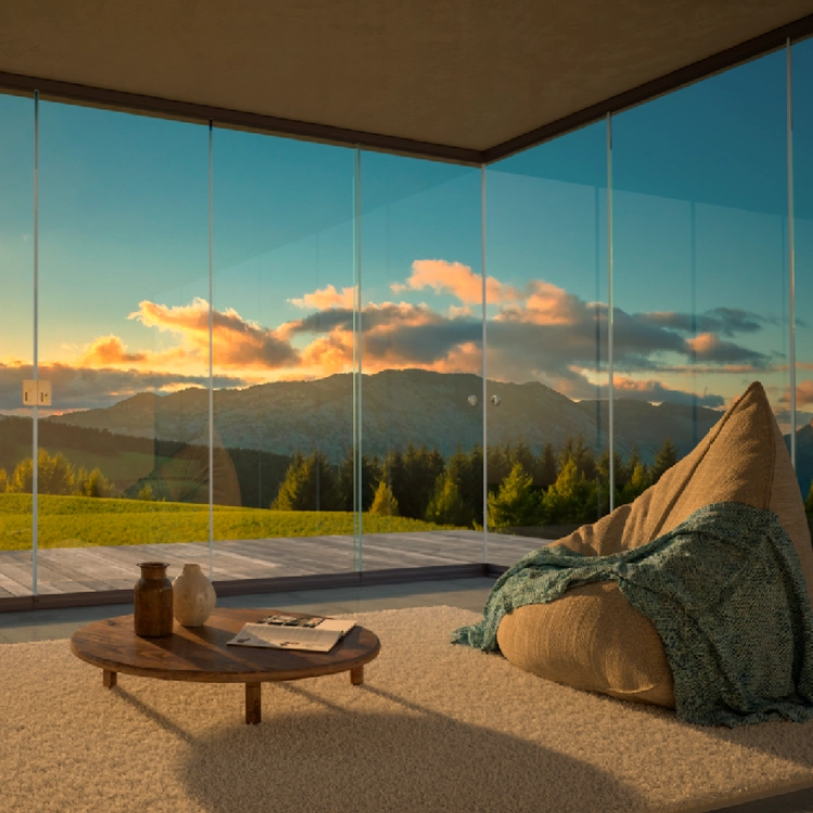 Cortinas de cristal correderas instaladas en salón con vistas a la montaña al atardecer