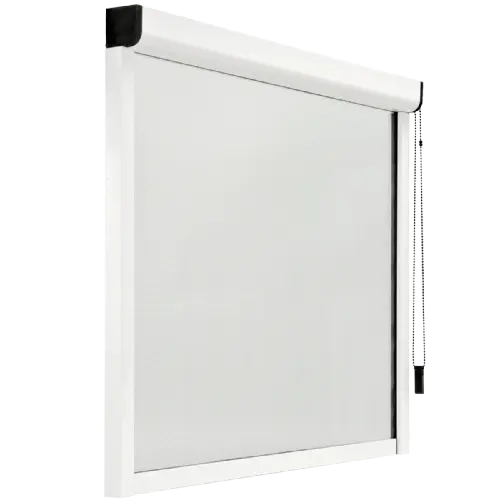 Mosquitera antiviento Premium 65 con guiado por cremallera, ideal para resistir viento y proteger frente a insectos y polen Mosquitera antiviento Premium 65 con sistema de guiado por cremallera en marco blanco