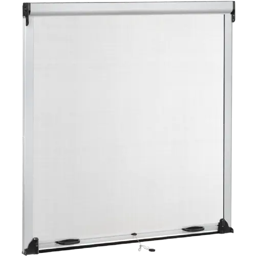 Mosquitera enrollable con sistema de muelle recuperador, felpudo de sellado y opción de freno para subida controlada Mosquitera enrollable blanca instalada en ventana, con cajetín superior y guía lateral