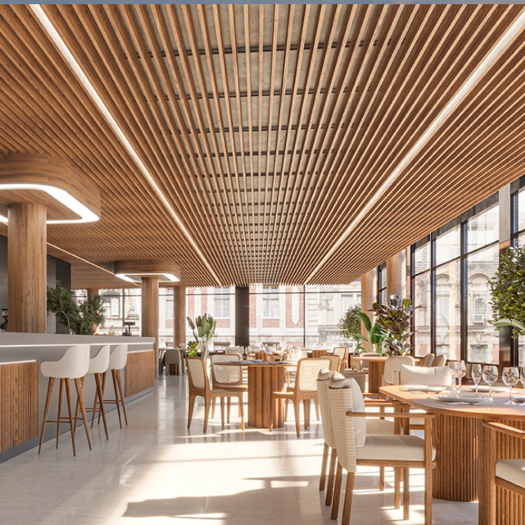 Revestimiento decorativo de techos y paredes con lamas Luxia de PVC en acabado madera clara