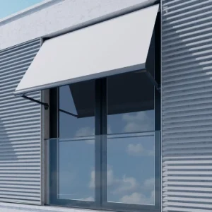 Toldo blanco de punto recto instalado en ventana con marco metálico y fachada moderna