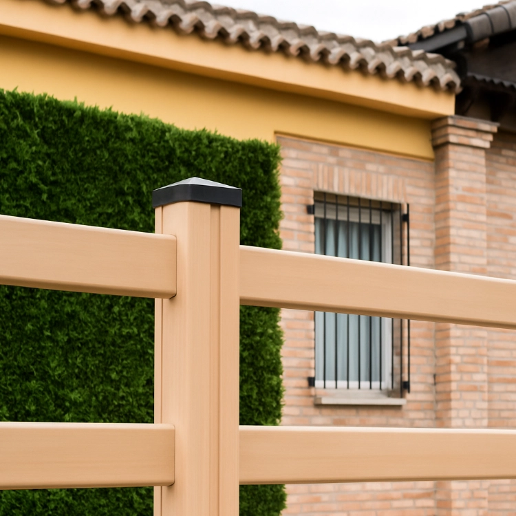 Valla de PVC con travesaños horizontales estilo rústico instalada en vivienda particular