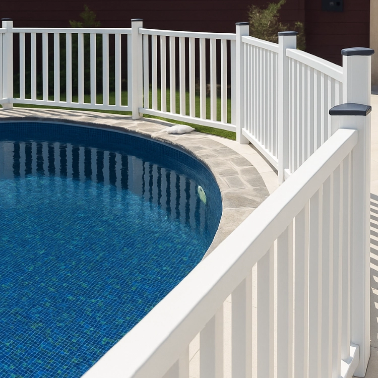 Valla de PVC blanca instalada alrededor de piscina para delimitar zonas de baño con seguridad